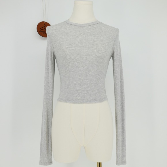Joah Brown Tops - Joah Brown Womens Heather Grey Ribbed Long Sleeve Crew Neck Crop Top Size XS/S